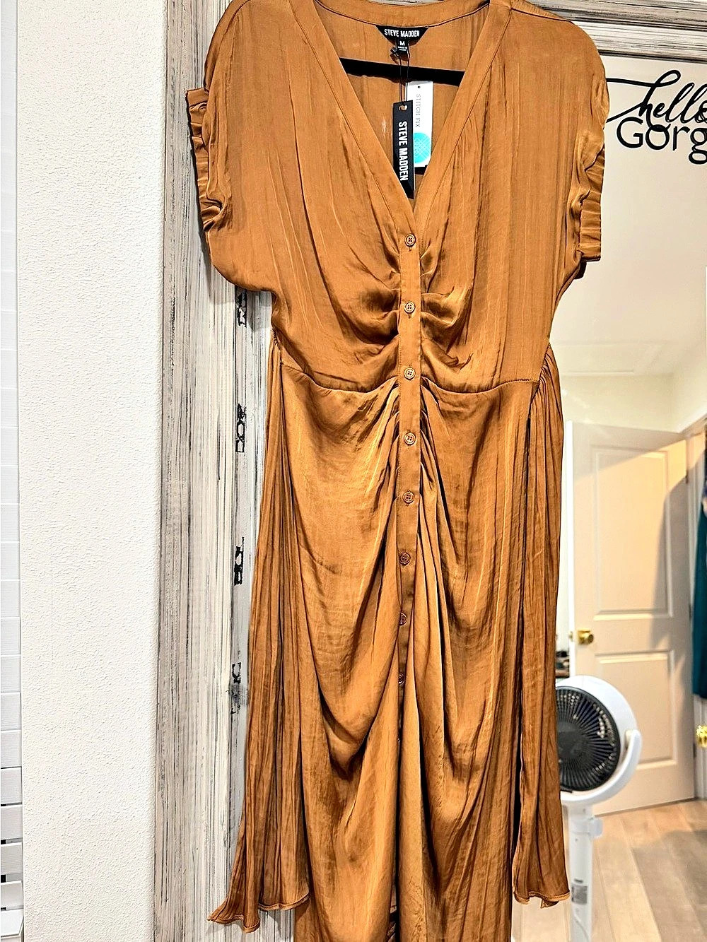 Steve Madden Bruno Dress Ruched Satin Midi Brown Medium